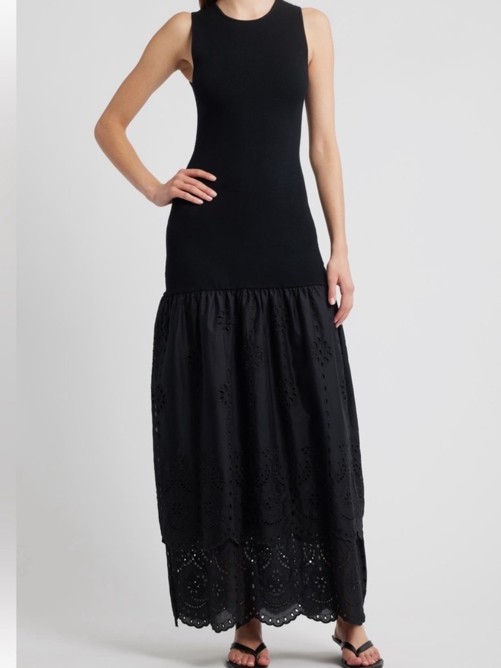 Rails Lavina Ribbed Eyelet Maxi Dress - Stretchy Tiered size XS Black